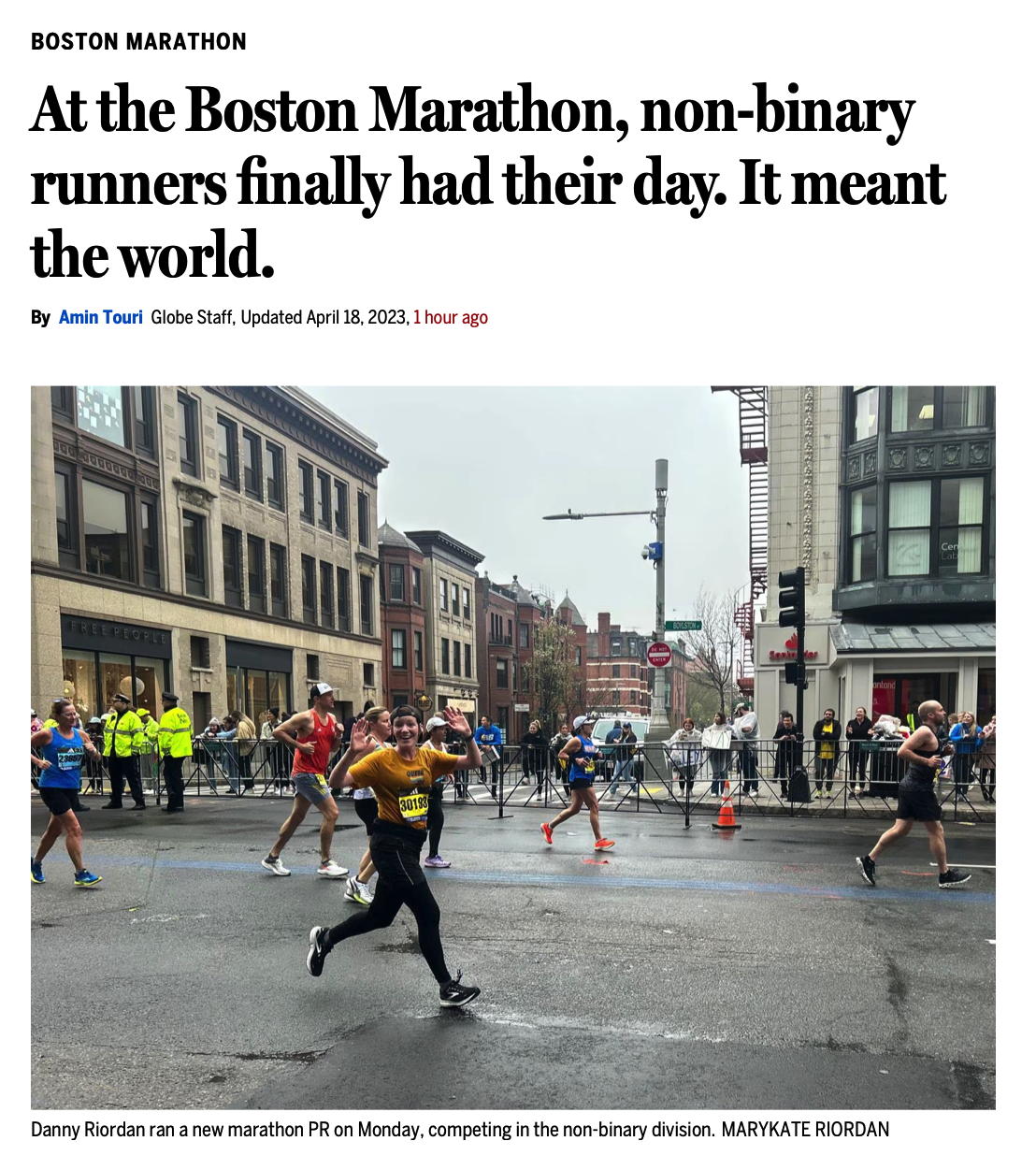 Boston Globe: At the Boston Marathon, non-binary runners finally had their day. It meant the world.